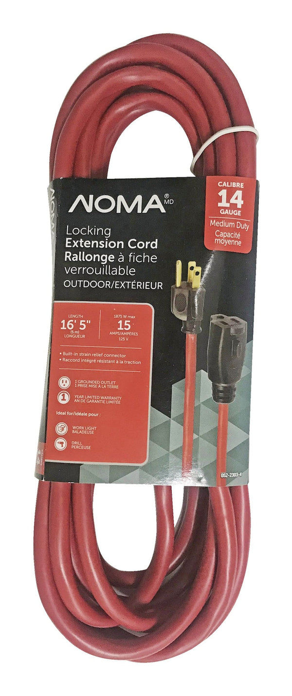 NOMA 16-ft 5-in 14/3 Outdoor Extension Cord with Grounded Outlet and Locking Connector, Red T3