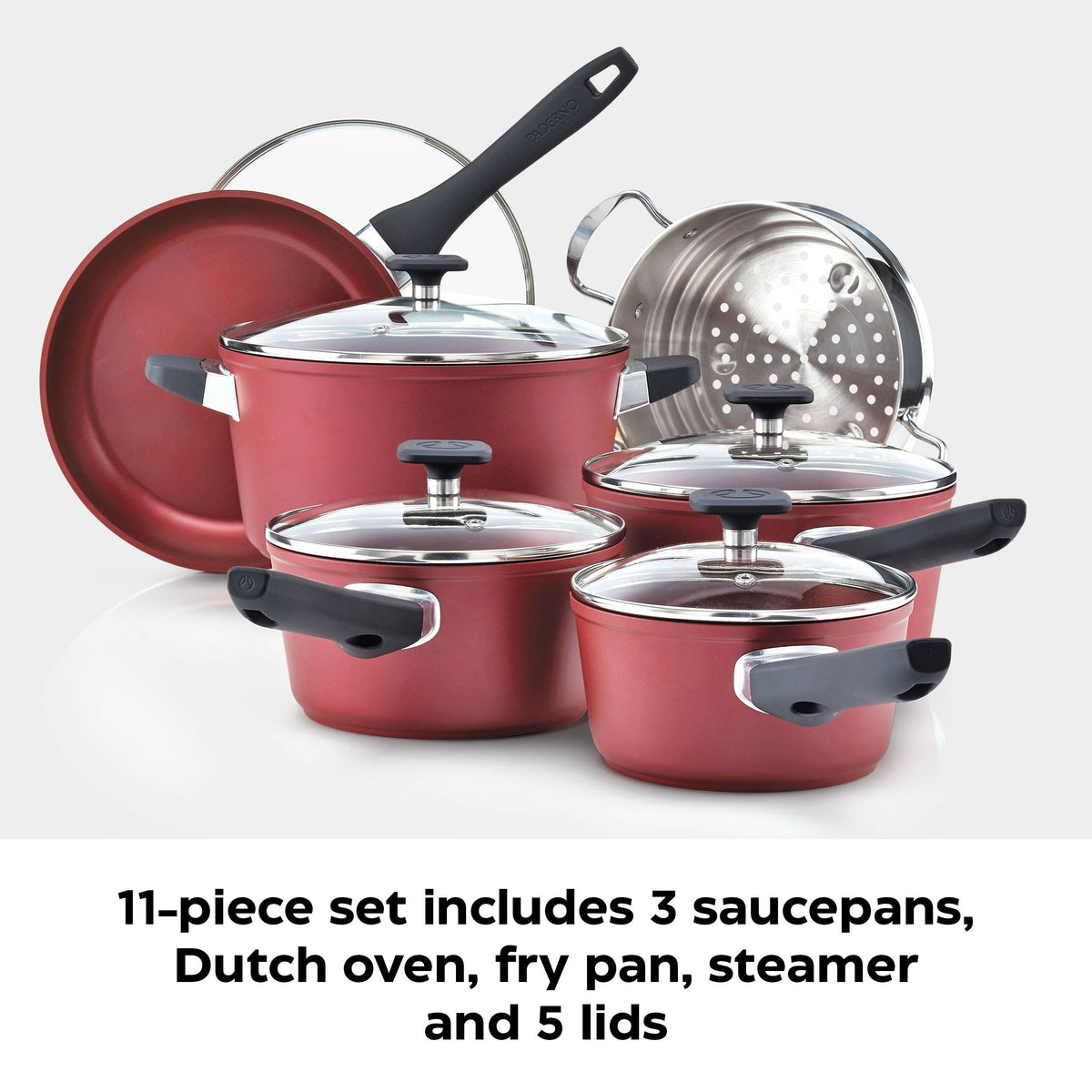 PADERNO Classic Cookware Set, Non-Stick, Maroon, 11-pc