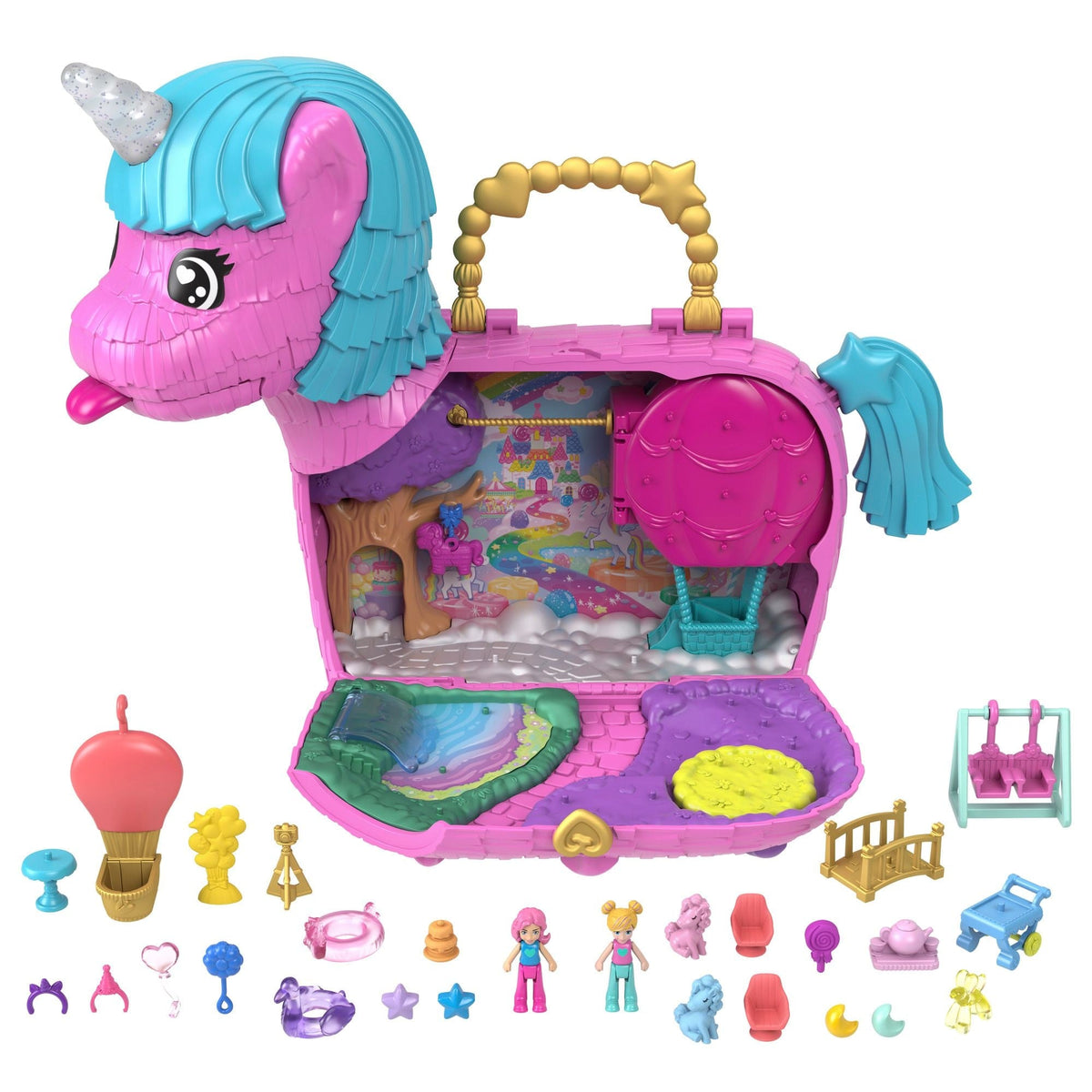 Polly Pocket 35th Celebration Unicorn Partyland Playset, Includes 2 Micro Dolls, Pets & 25+ Surprise Accessories, Kids Ages 3+