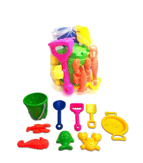 Sand Plastic Mold Toy Set with Bucket, Multi-Coloured, 9-pk, Ages 2+, for Summer/Beach Activities Y5