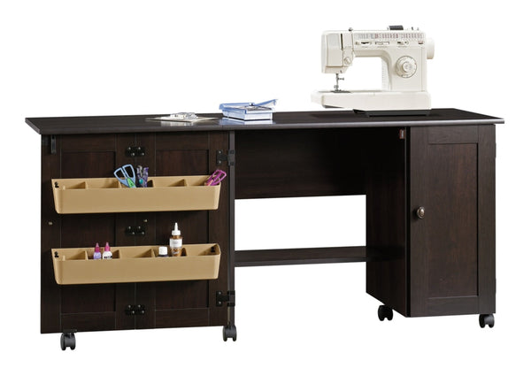 Sauder Folding Sewing & Craft Table/Storage Cart with Locking Wheels, Cinnamon Cherry Finish W1