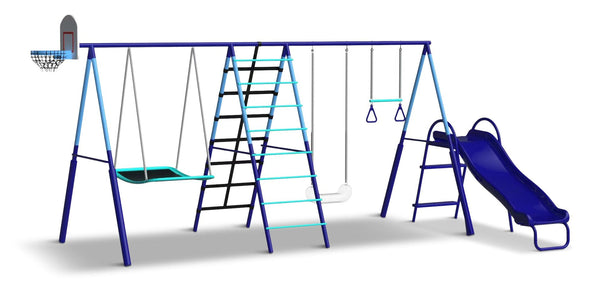 Sportspower Sunset Slam Kids' 7-Station LED Metal Swing Set Combo with Basketball Hoop & Slide F0