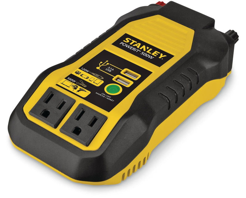 Stanley 500W Inverter & Power Outlet with Battery Clamps, USB Ports, 12V DC Adapter I4