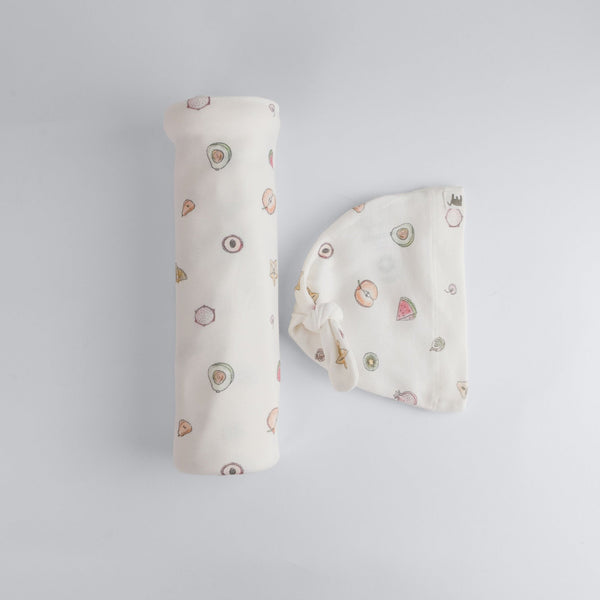 The Elk Baby Fruit Print Premium Organic Cotton Blanket and Beanie Set Y8