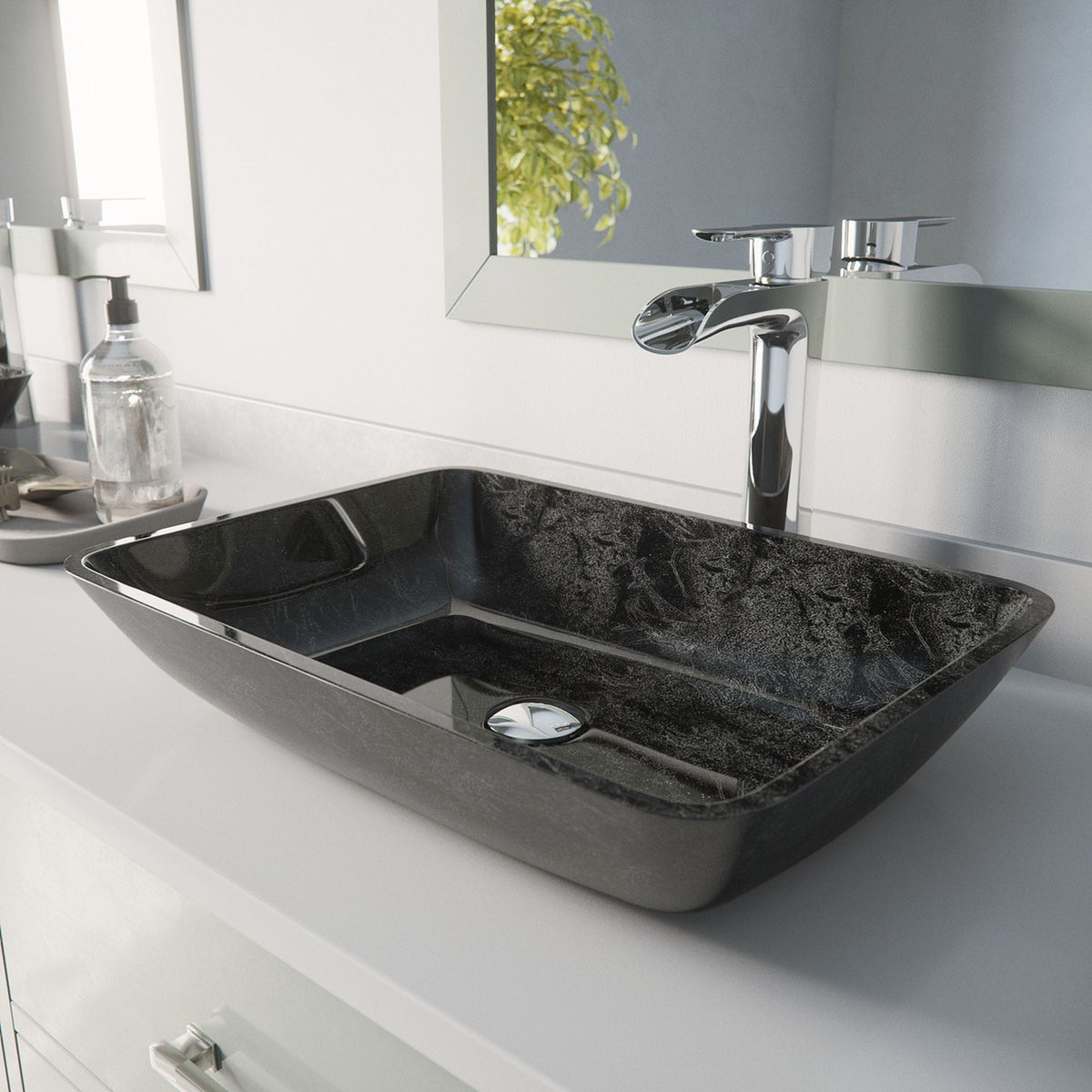 VIGO Glass Grey Onyx Bathroom Sink/Basin Set with Niko Faucet and Rectangular Vessel