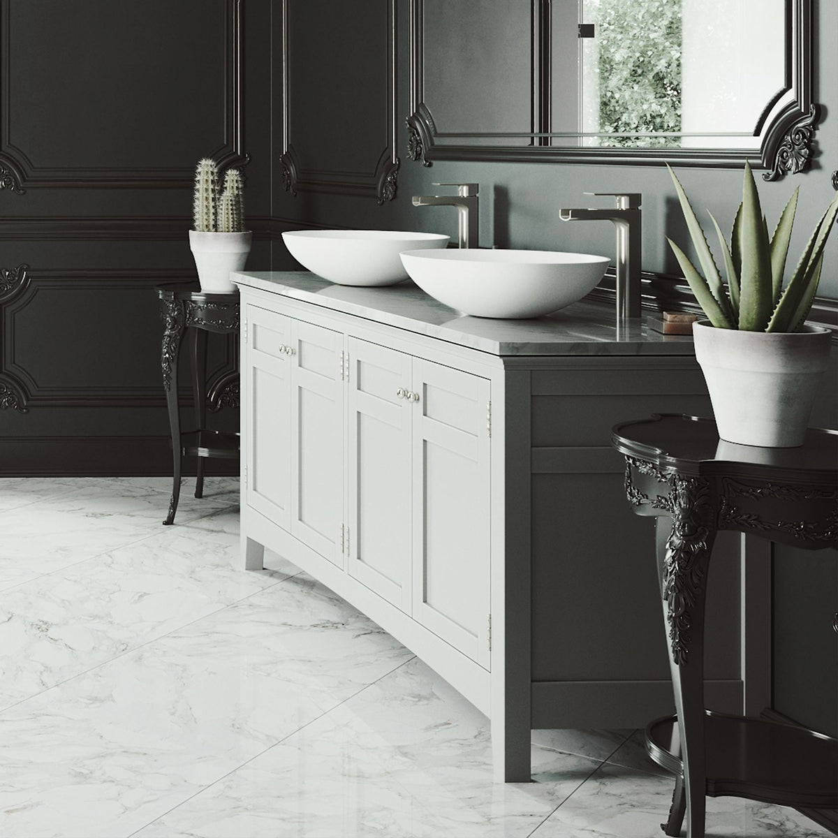 VIGO Lotus MatteStone Round White Composite Bathroom Sink/Basin Set with Amada Faucet and Pop-Up Drain