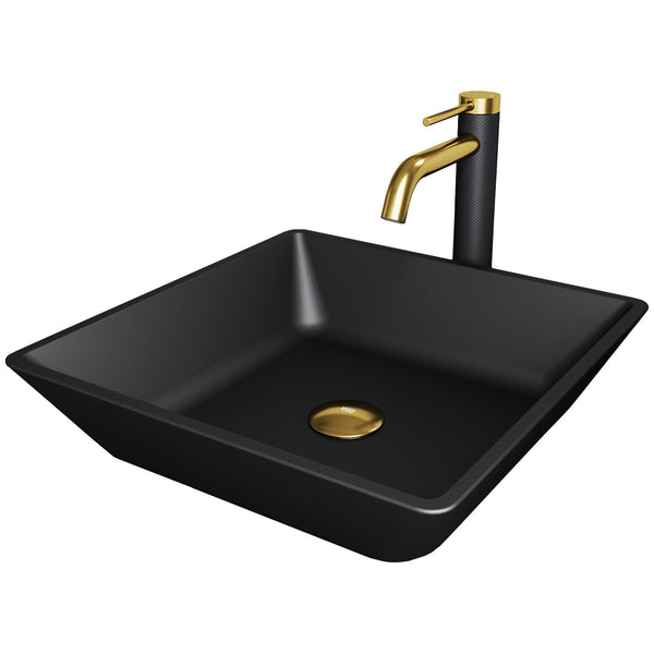 VIGO Roma MatteShell Matte Black Bathroom Sink/Basin Set with Lexington Faucet and Glass Square Vessel I7