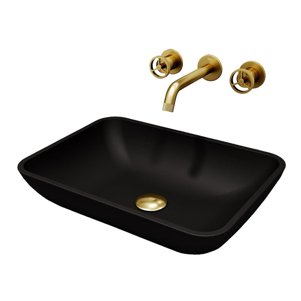 VIGO Sottile MatteShell Matte Black Bathroom Sink/Basin Set with Cass Wall Mount Faucet and Glass Rectangular Vessel M6