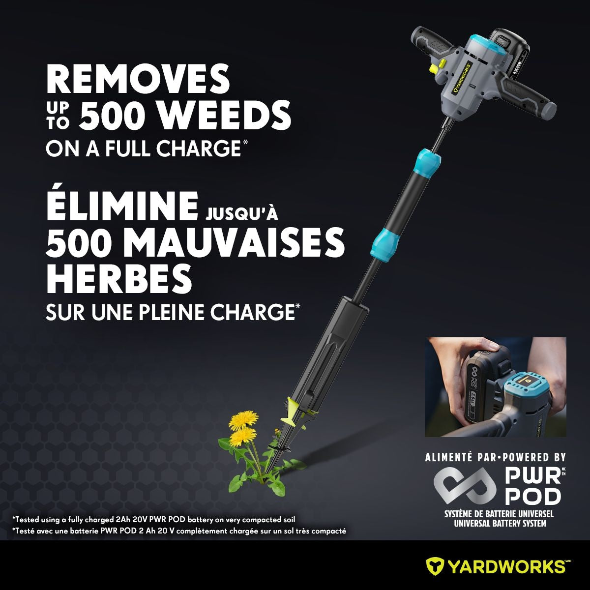 Yardworks 20V Cordless Lawn Weeder, with PWR POD 2.0Ah Battery and Charger